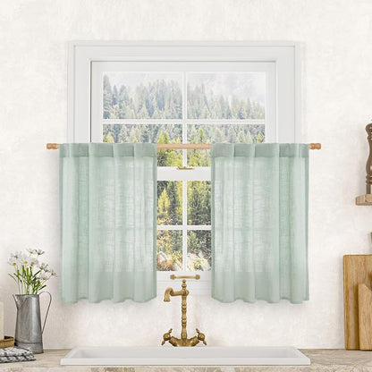 Short Linen Window Curtains 30 Inches Long 2 Panels 34 x 30 Inch | Light Sage by LAMIT