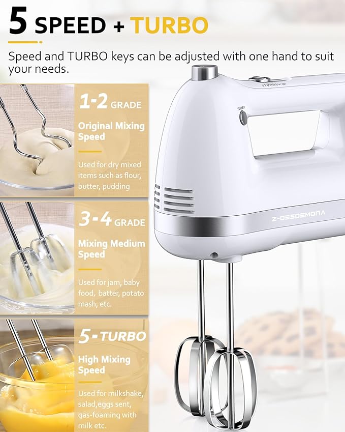 Electric Hand Mixer, Powerful 300W Hand Mixer Electric Handheld with 304 Beaters, Dough Hook,Hand Held Mixer with Turbo for Baking Cakes, Eggs, Cream Food(White)