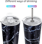 THILY Stainless Steel Vacuum Insulated Tumbler Travel Mug 26 oz Coffee Cup with 2 Lids and Straws, Splash Proof, Keep Ice Drinks Cold, Black Marble
