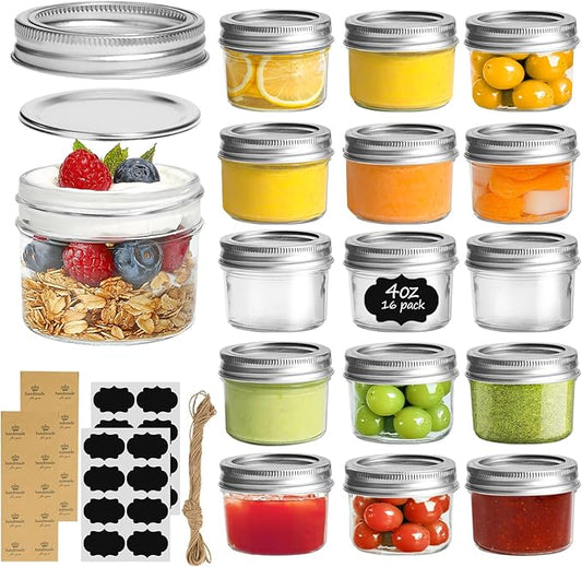 ComSaf Mini Mason Jars 4oz - 16 Pack, Regular Mouth Mason Jar with Lids and Seal Bands, Small Glass Canning Jar for Spice, Jam, Honey, Jelly, Dessert, Shower Wedding Favors, DIY Candles Decor