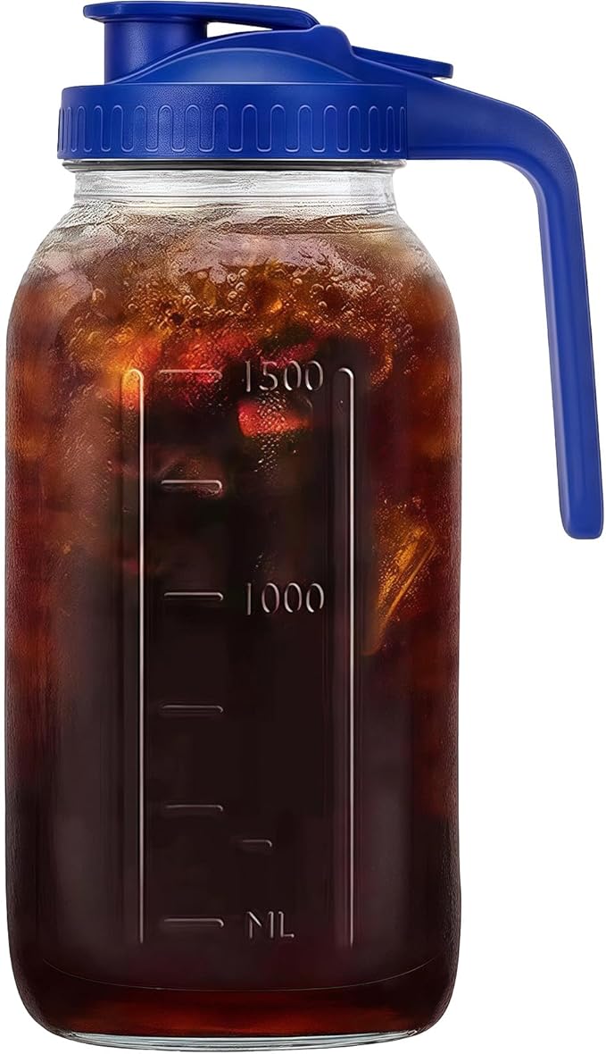 64oz Glass Pitcher with Handle and Lid, 2 Quart Mason Jar Pitcher - Airtight & Leakproof Water Jug with Pour Spout Lid, Glass Containers for Fridge, Perfect for Juice, Cold Brew, Iced & Sun Tea
