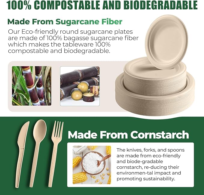 250 Piece Biodegradable Paper Plates Set Disposable Dinnerware Set, Eco Friendly Compostable (EXTRA LONG UTENSILS), Utensil include, Forks, Knives and Spoons for Party andBirthday party, camping