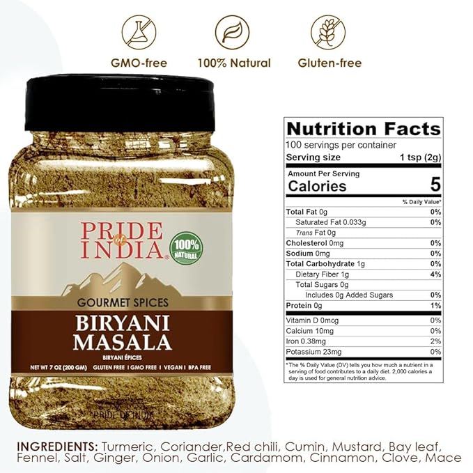 Pride Of India - PACK of 6 - Indian Biryani Masala Seasoning Spice - 7 oz. Medium Dual Sifter Jar - Easy to Use - Ideal for Layered Vegetable and Meat Pilaf – Suitable for Vegetarians & Vegans