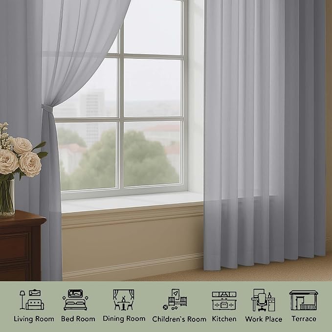 Sheer Grey Curtains, Sheer Curtains 63 inch Length 2 Panels Set, Rod Pocket - Image 3