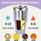 30 oz Tumbler with Lids and Straws, Stainless Steel Insulated Coffee Tumbler, Double Wall Vacuum Insulated Travel Mug Cup, Leakproof Thermal Coffee Cup for Hot and Cold Drinks (Light Purple)