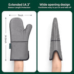Beneno Kitchen Oven Mitts 2-Pack Heat Resistant to 500°F with Non-Slip Silicone Grip, Extra Long 14.3" Forearm Protection, Soft Quilted Cotton Terry Lining, Ideal for Cooking, Baking, Grilling, Gray