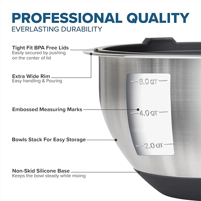 Viking Mixing Bowls Set, 10 Piece Stainless Steel Kitchen Cookware, Non-Slip Silicone Base, Includes Tight Fit Lids, Dishwasher Safe, Black