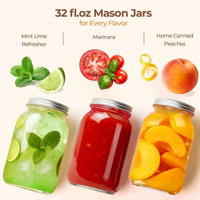 ComSaf Wide Mouth Mason Jars 32 oz with Lids 2 Pcs, Quart Mason Jars with Seal Band, Large Glass Jar, Big Canning Containers for Pickles, Jams, Sauces, Salsa, Sourdough, Salad, Suntea, Food Storage