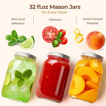 ComSaf Wide Mouth Mason Jars 32 oz with Lids 2 Pcs, Quart Mason Jars with Seal Band, Large Glass Jar, Big Canning Containers for Pickles, Jams, Sauces, Salsa, Sourdough, Salad, Suntea, Food Storage