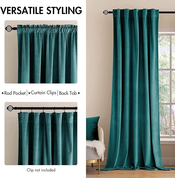 MIULEE Teal Velvet Curtains 52x96 inches 2 Panels Luxury Blackout Curtains | - Image 2