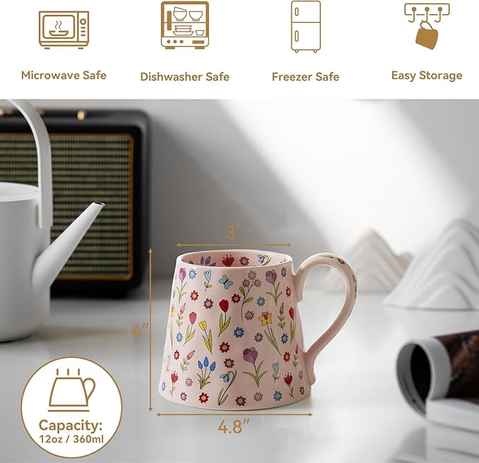 12 oz Ceramic Coffee Mug - Gift for Women & Girls - Cute Pink Coffee Cup w/Unique Design, Perfect for Home, Office, Tea, Latte, Milk - Ideal Present for Friends (Pink)
