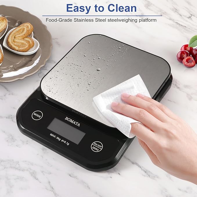 BOMATA Waterproof Kitchen Scale, 0.1g/0.01oz High Precision, 5kg/11lb, Washable, USB Rechargeable, Digital Scale for Food,Cooking, Baking, Weight Loss