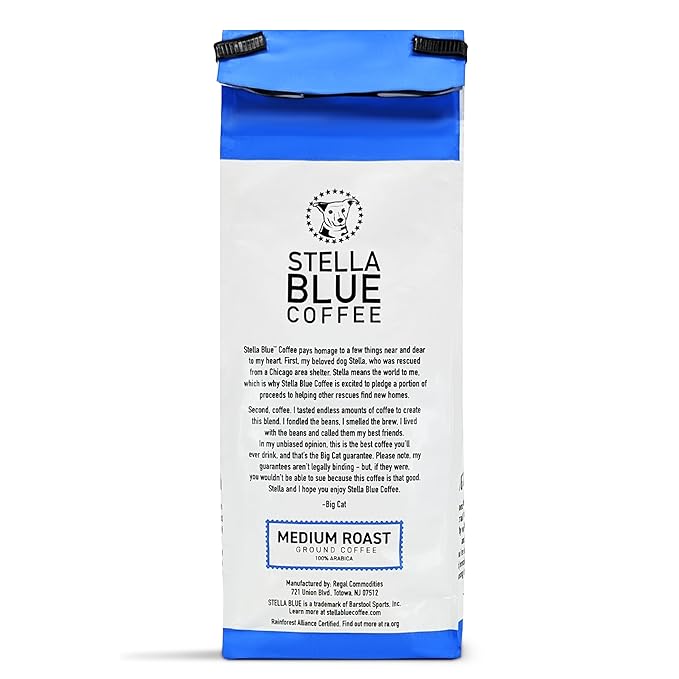 Stella Blue Ground Coffee, Big Cat Blend, Medium Roast, Caramel, Hazelnut and Fruity Notes, 100% Arabica, Ethically Sourced from Central and South America, 12 oz bag