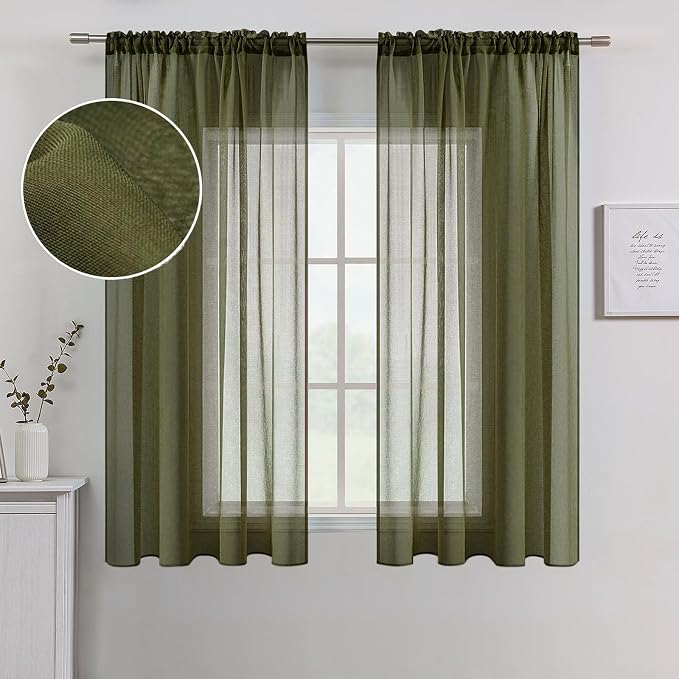 MIULEE Olive Green Linen Textured Semi-Sheer Curtains 54W×63L 2 Panels | Semi by MIULEE