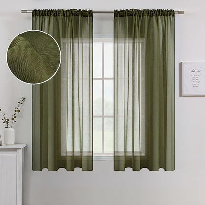 MIULEE Olive Green Linen Textured Semi-Sheer Curtains 54W×63L 2 Panels | Semi by MIULEE