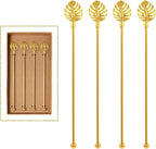 Stainless Steel Coffee Beverage Stirrers Stir Cocktail Drink Swizzle Stick with Palm leaf Metal Top,4PCS GOLD stirrer