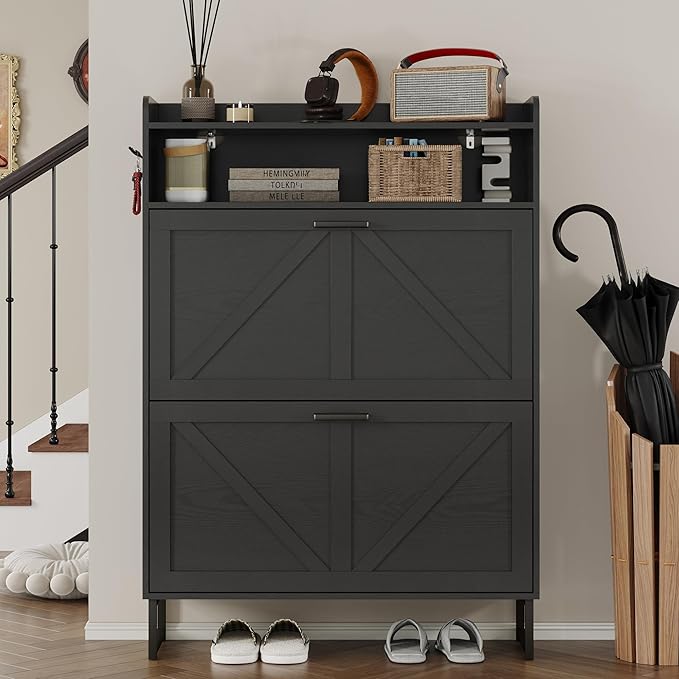 BORNOON Shoe Cabinet with 2 Flip Drawers Narrow Shoe Storage Cabinet Organizer - Image 4