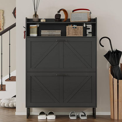 BORNOON Shoe Cabinet with 2 Flip Drawers Narrow Shoe Storage Cabinet Organizer - Image 4