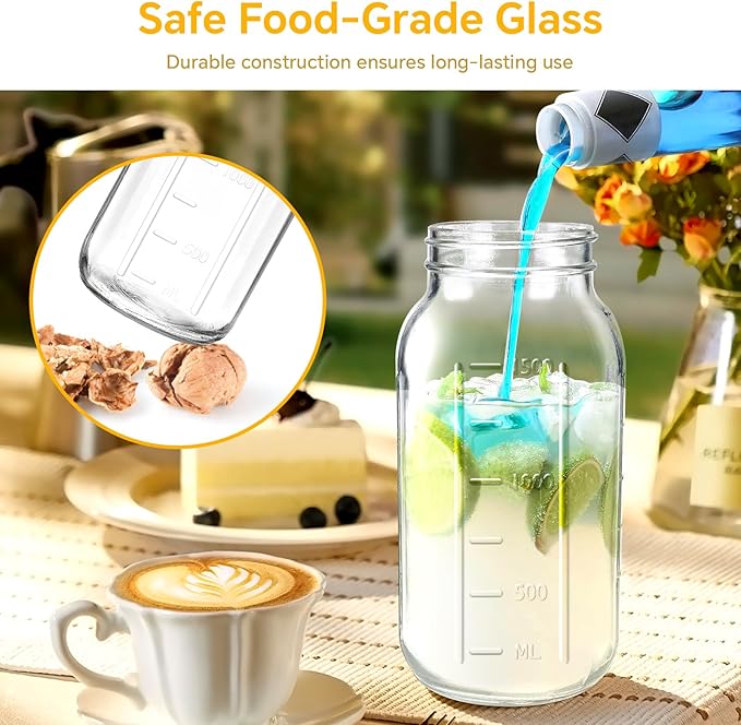 Mason Jar Pitcher, 32 OZ 2 Pack Glass Pitcher with Lid Double Leak-proof with Handle Water Jug Wide Mouth Breast Milk Pitcher Fridge Container for Water, Juice, Iced Coffee, Tea, Juice - Black+Grey