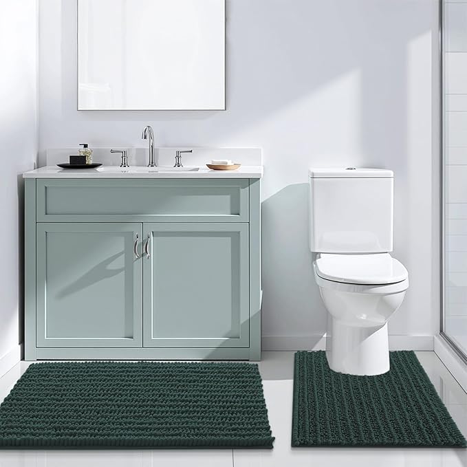 Arotive Luxury Chenille Bathroom Rug Mat, Extra Soft Thick Absorbent Shaggy Bath Rugs, Non-Slip Machine Wash Dry, Plush Bath Mats for Bathroom, Shower and Tub, 47x20, Dark Green