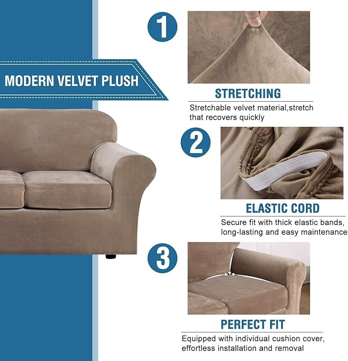 H.VERSAILTEX High Stretch Sofa Slipcover 4 Piece Cover Velvet Furniture - Image 3