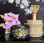 Japanese Traditional Mino Ware Handcrafted Mini Matcha Chawan Tea Bowl Cup Set With Chasen Bamboo Tea Whisk Ceremony Tableware Pottery (Tenmoku Sakura)