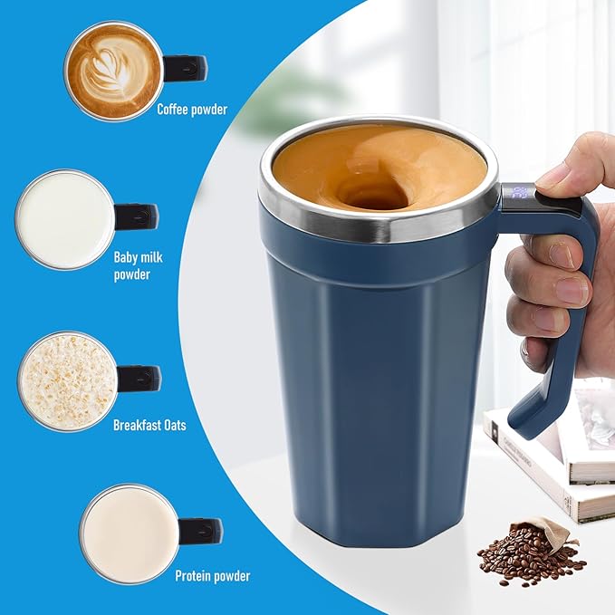 Self Stirring Coffee Mug with Temperature Display, 15oz Automatic Magnetic Mixing Cup, Rechargeable Travel Mug for Coffee, Milk, Cocoa - (Deep Blue)