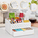 Farmhouse Wooden Coffee Bar Organizer - Countertop Station With Drawer, Pods Holder & Storage Basket