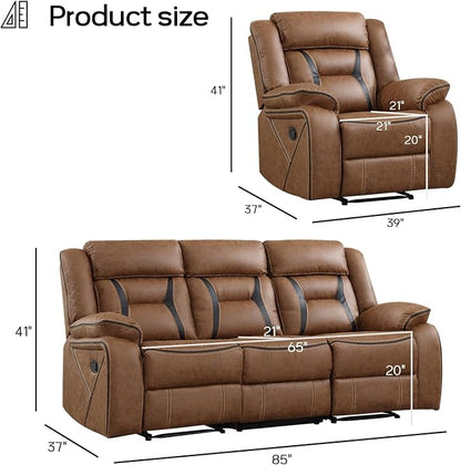 EBELLO Manual Recliner Sofa Set, Faux Leather Reclining Living Room Furniture - Image 2