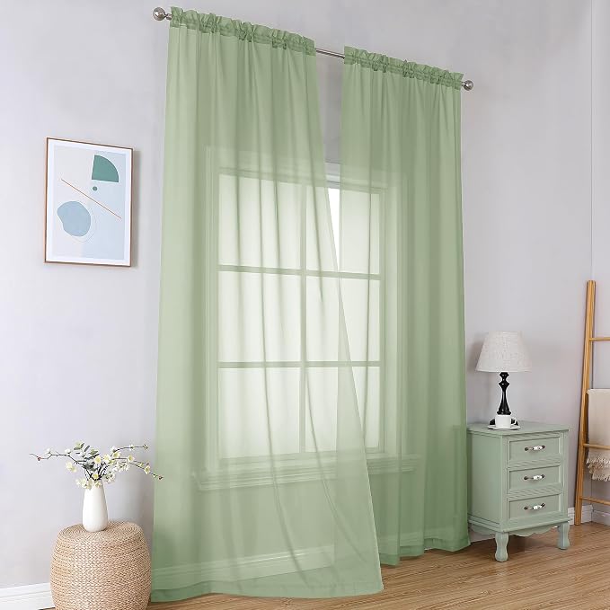 Simplebrand Light Green Sheer Curtains 84 Inches Long 2 Panels, Light Filtering - Image 2