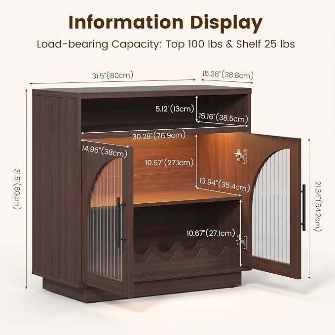 Sideboard Buffet Cabinet with Storage, 31.5" Coffee Bar Cabinet with LED Lights - Image 2