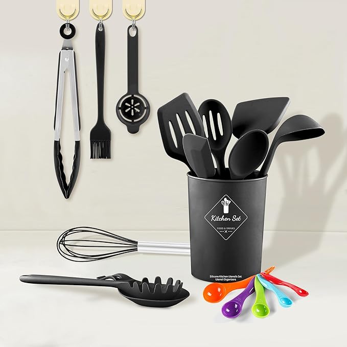 18 Pcs Cooking Utensils Set, Kitchen Utensils Set with Utensil Holder, 446°F Heat Resistant Silicone Spatula Set, Kitchen Gadgets Tools Set for Nonstick Cookware BPA FREE