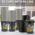Smygoods Disposable Coffee Cups with Lids, To Go Paper Hot Cups, Coffee O'Clock Design (12 OZ, 50 Count) For Hot Beverages, Coffee, Tea, Espresso, Cocoa - Vasos Para Cafe