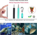 2 Pack Reusable Metal Straws Collapsible Stainless Steel Drinking Straw Travel Portable Telescopic Straw with Case,2 Cleaning Brushes Included Black/Turquoise