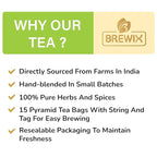 BREWIX Holy Basil Tea Bags (15 Pyramid Tea Bags) | Tee With Tulsi Leaves and Chamomile | Caffeine Free, Calming Herbal Tea With Fresh and Cool Flavor