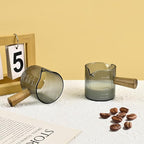 Glass Measuring Cup, 4oz Espresso Shot Glass with Wood Handle, Double Spouts Measuring Triple Pitcher Milk Cup for Coffee Tea (Gray Ribbed）