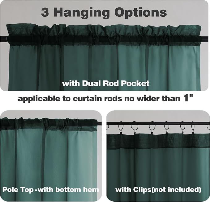 Chyhomenyc Hunter Green Sheer Curtains 36 inch Length 2 Panels, Light Filtering - Image 3