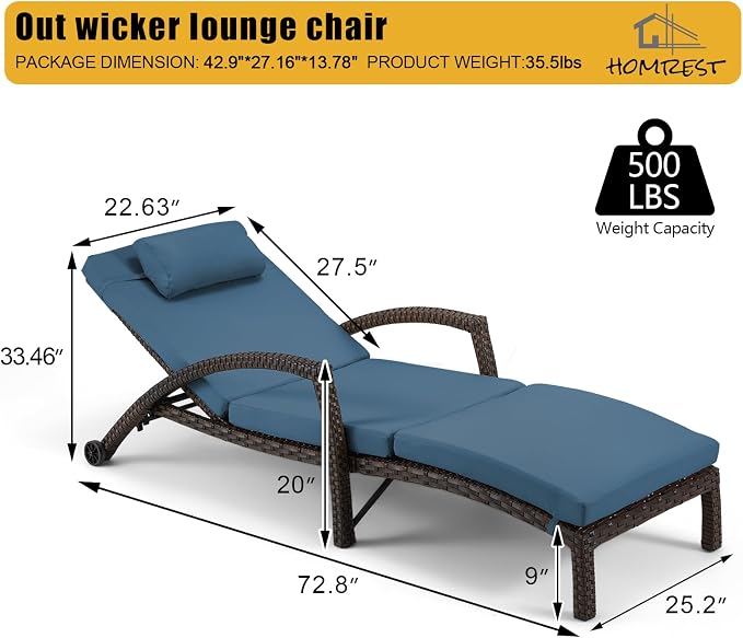HOMREST Chaise Lounge Chairs Set of 2, PE Rattan Wicker Patio Lounge Chair - Image 2