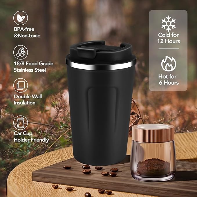 Volhoply 12 oz Double Wall Insulated Vacuum Travel Coffee Mug with Flip Lid,Reusable Stainless Steel Leak Proof Coffee Cup,Portable Iced Cafe Thermal Tumbler Suitable for Hot&Cold Drinks(Black,1 Set)
