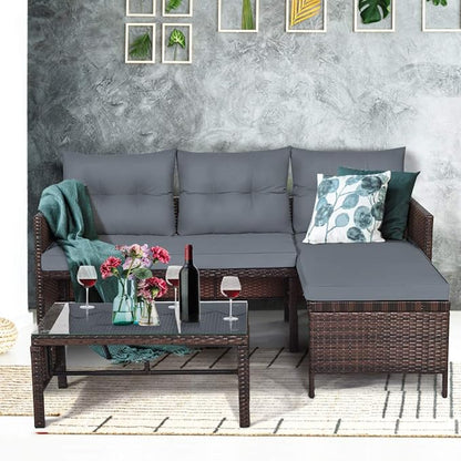 Tangkula Patio Corner Sofa Set 3 Piece, Outdoor Rattan Sofa Set, Includes - Image 3