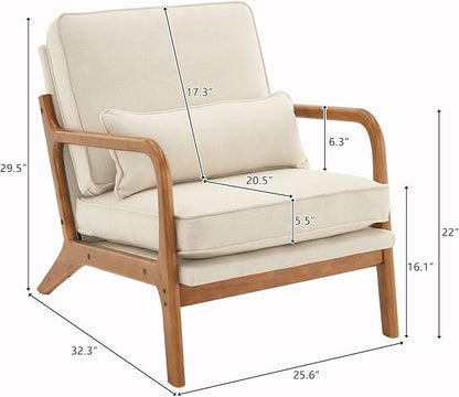 VINGLI Fine Linen Beige Comfy Accent Chair, Mid Century Modern Lounge Armchair - Image 2