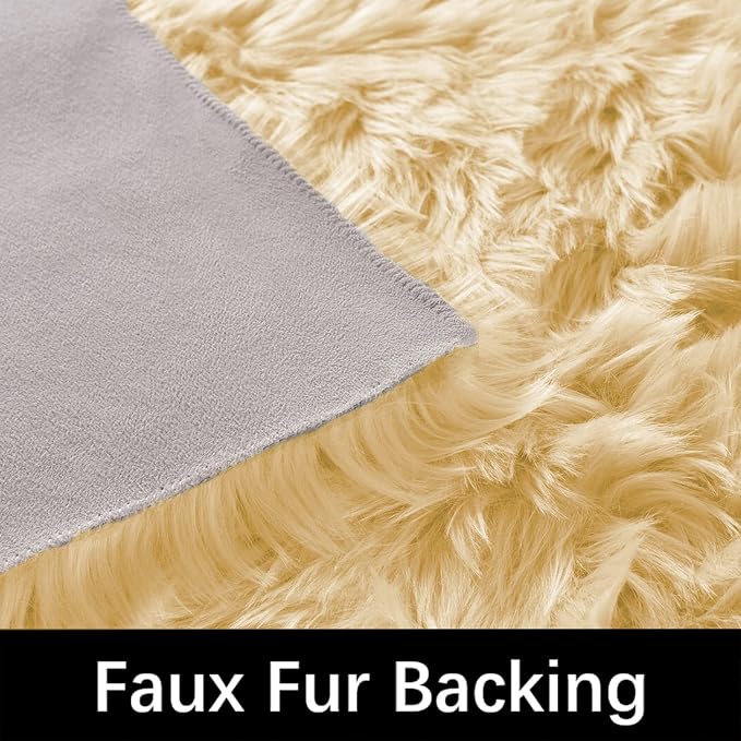Latepis Yellow Circle Rug Faux Sheepskin Fur Round Rugs 4ft Washable Cute Plush - Image 4