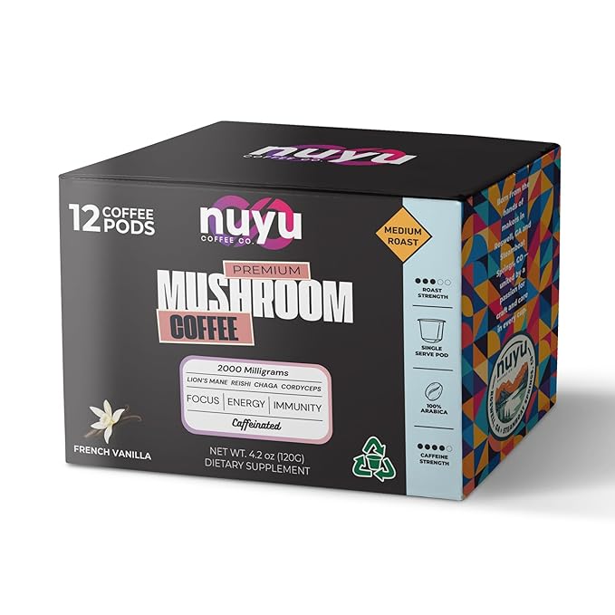 Nuyu Mushroom Coffee Pods, K-Cups, 100% Medium Roast Arabica Coffee with Lion's Mane, Reishi, Chaga, Cordyceps, 2000mg per Pod (12, French Vanilla)