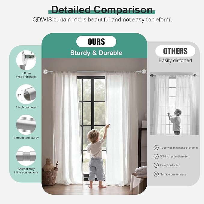 QDWIS Silver Curtain Rods for Windows 66 to 120 inch, Rustic Decorative Drapery - Image 3