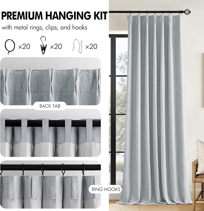 MIULEE Grayish Blue Pinch Pleated 100% Blackout Linen Curtains 40x84 Inches | - Image 8