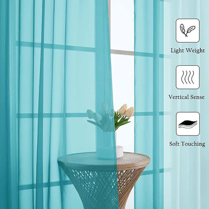 Turquoise Sheer Curtains 108 Inches Long 2 Pcs, Rustic Farmhouse Dual Rod - Image 2