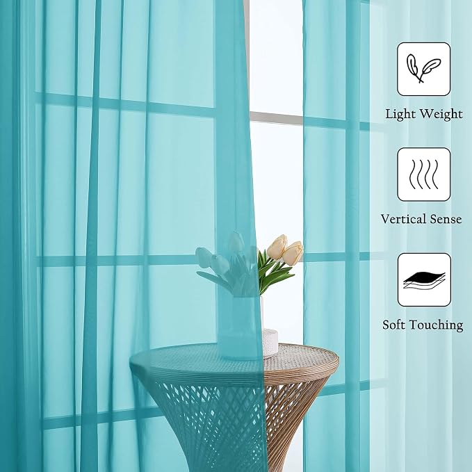 Turquoise Sheer Curtains 120 Inches Long 2 Pcs, Light Filtering Rod Pockets - Image 2