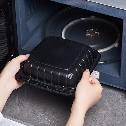 8X8" 3-Compartment 50-Pack Plastic Clamshell Takeout Food Trays Heavy Duty Togo Disposable Box For Pasta Salad Sandwich Carryout Meal Prep Packaging Catering Hinged Containers With Secure Snap Lid