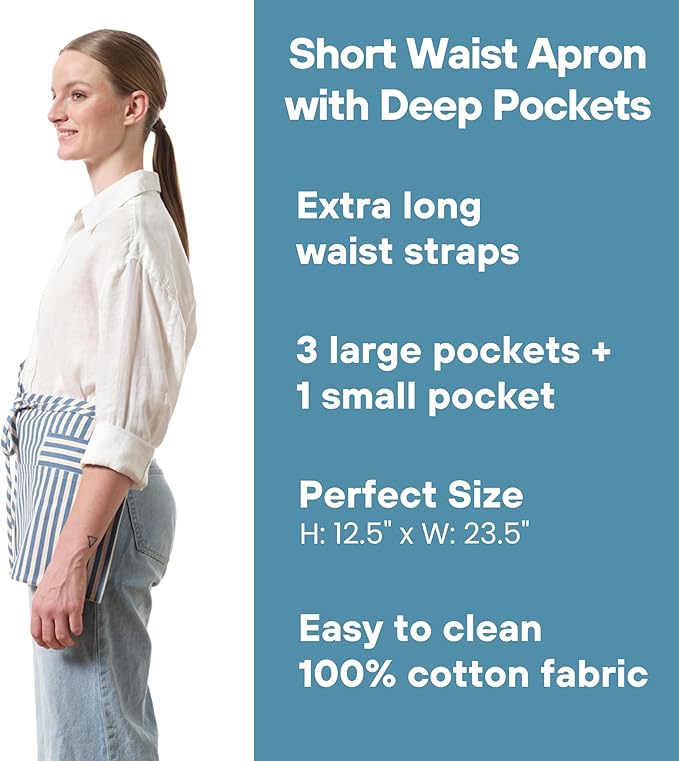 MEEMA Waist Apron with 3 Pockets | Waitress Apron | Waitress Apron with Pockets | Half Aprons With Pockets | Server Aprons Women