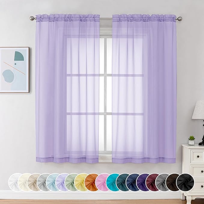 Chyhomenyc Lilac Sheer Curtains 54 Inch Long 2 Panels, Light Filtering Rod - Image 2